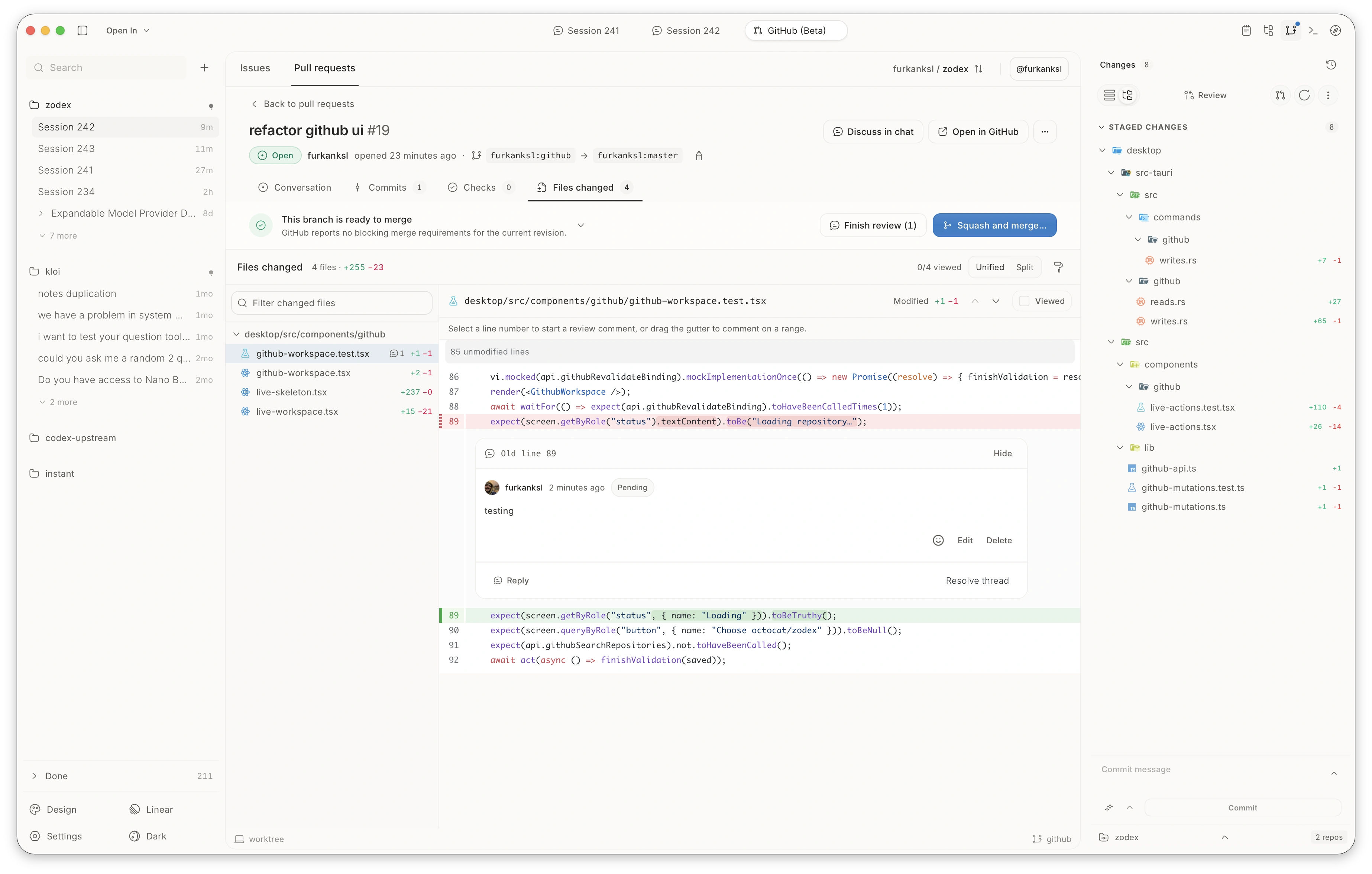 The GitHub workspace inside Zodex.