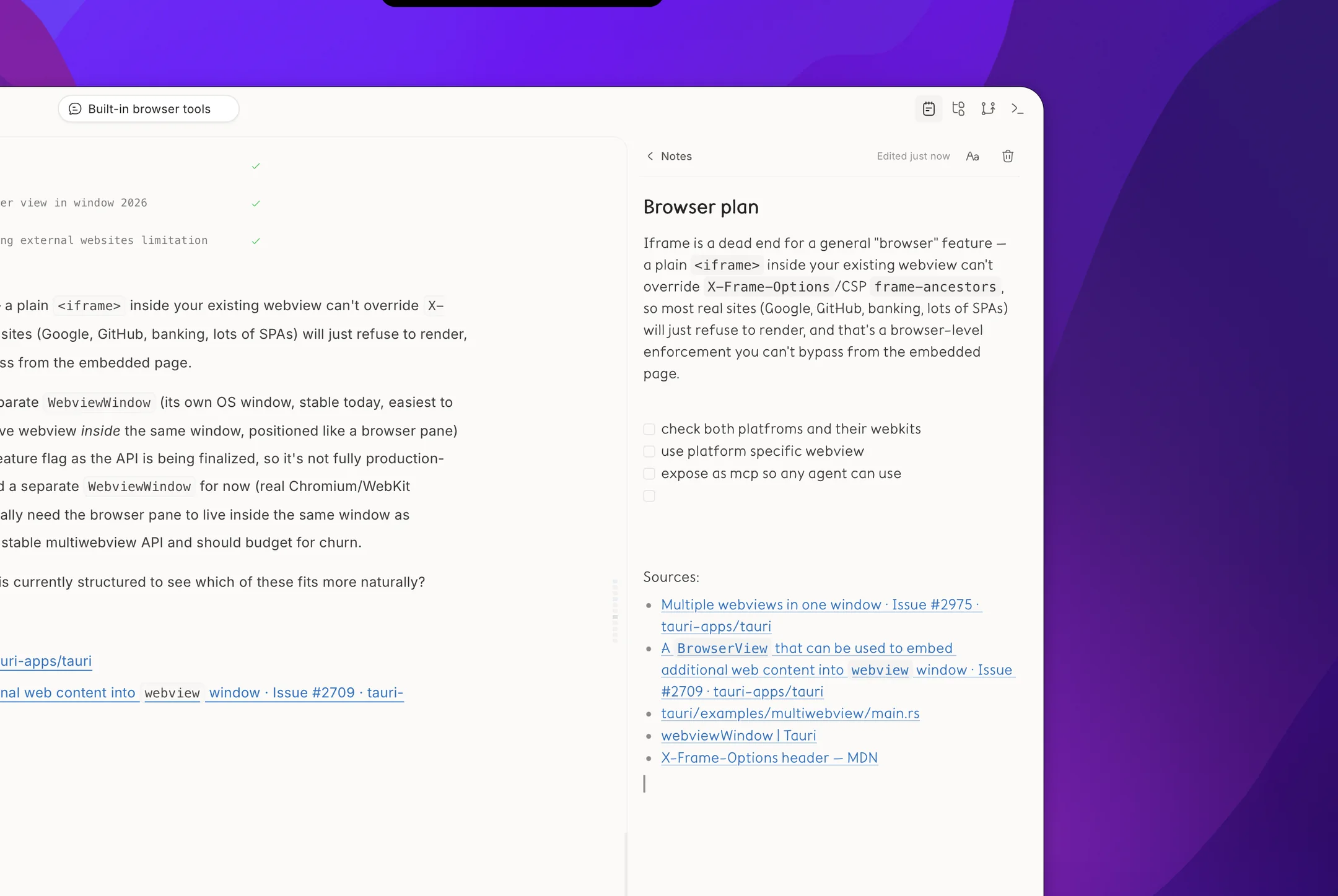 A browser-planning note open beside its project conversation in Zodex.